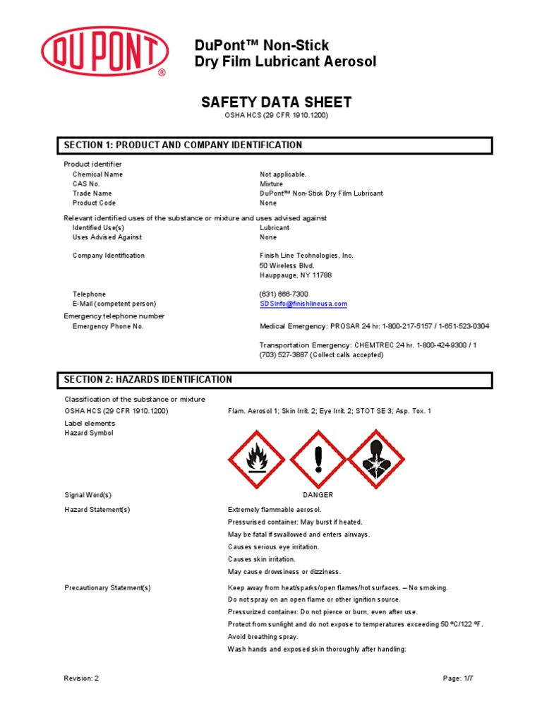 DuPont NonStick Dry Film Lubricant Aerosol US SDS 17 Jan 2021