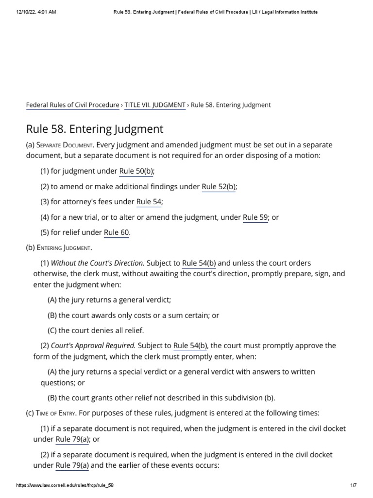 Rule 58 Entering Judgment Federal Rules of Civil Procedure LII
