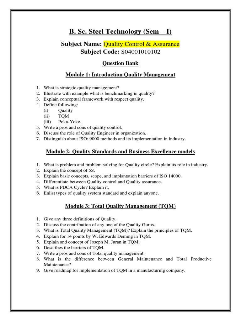 Quality Control & Assurance Question Bank | PDF | Quality (Business ...