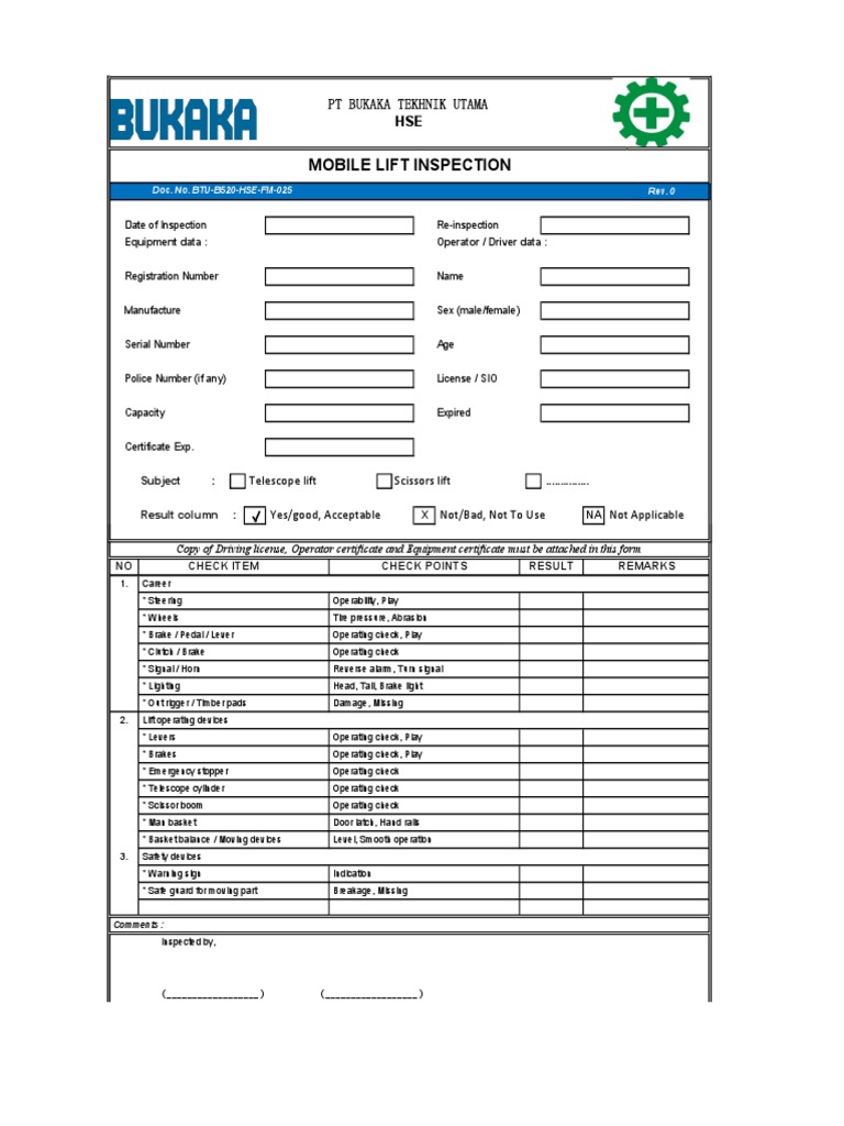 Checklist Manlift PDF Brake Mechanical Engineering