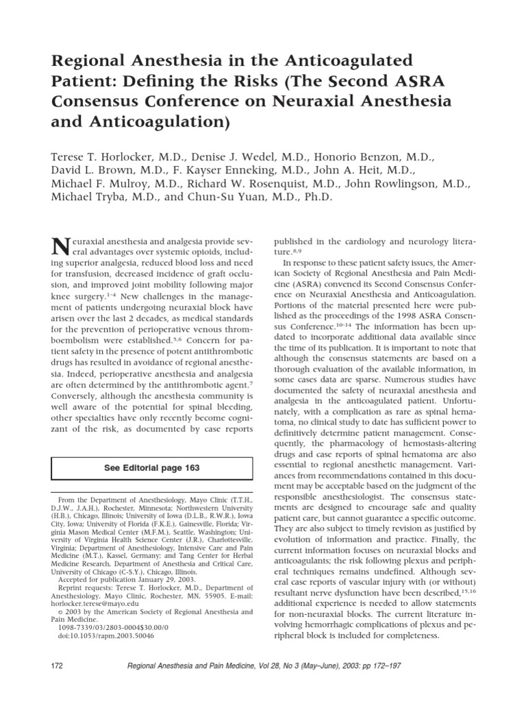 ASRA Guidelines | PDF | Anesthesia | Thrombosis