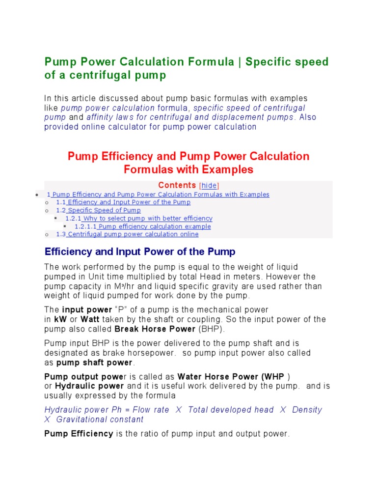 Pump Power Calculation Formula PDF Pump Horsepower