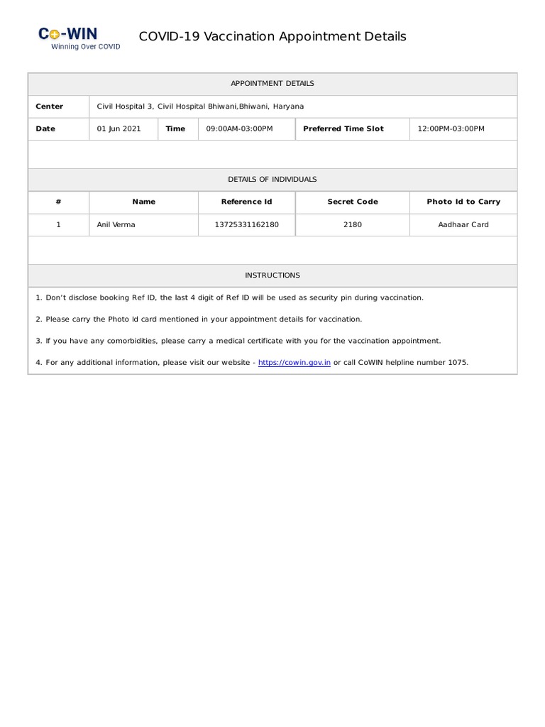 Covid 19 Vaccination Appointment Details Center Date Time Preferred