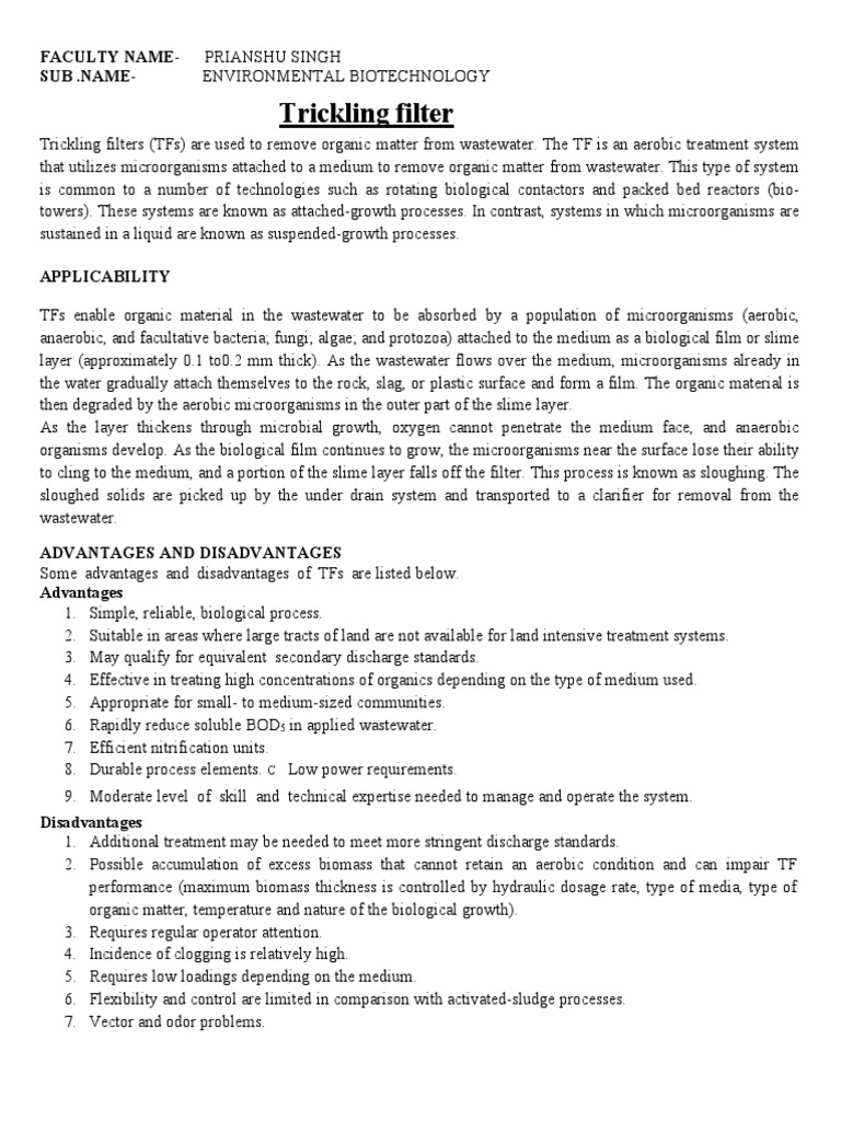 Trckling Filter Notes PDF Sewage Treatment Filtration