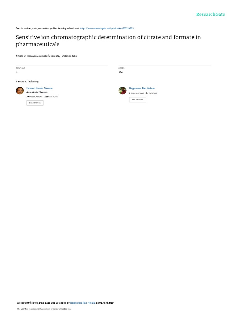 Sensitive Ion Chromatographic Determination of Cit PDF Pharmacology