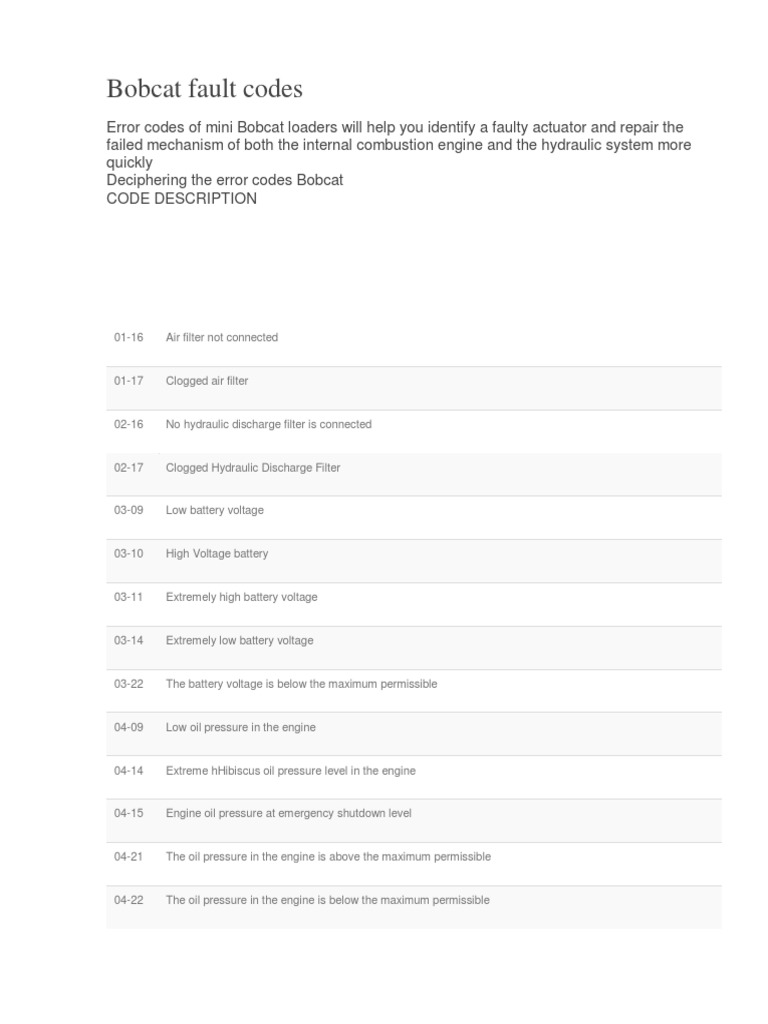 Bobcat fault codes guide PDF Switch Relay
