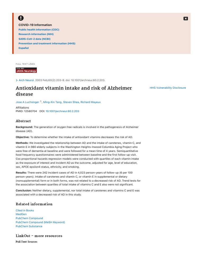 22 Antioxidant Vitamin Intake and Risk of Alzheimer Disease PubMed