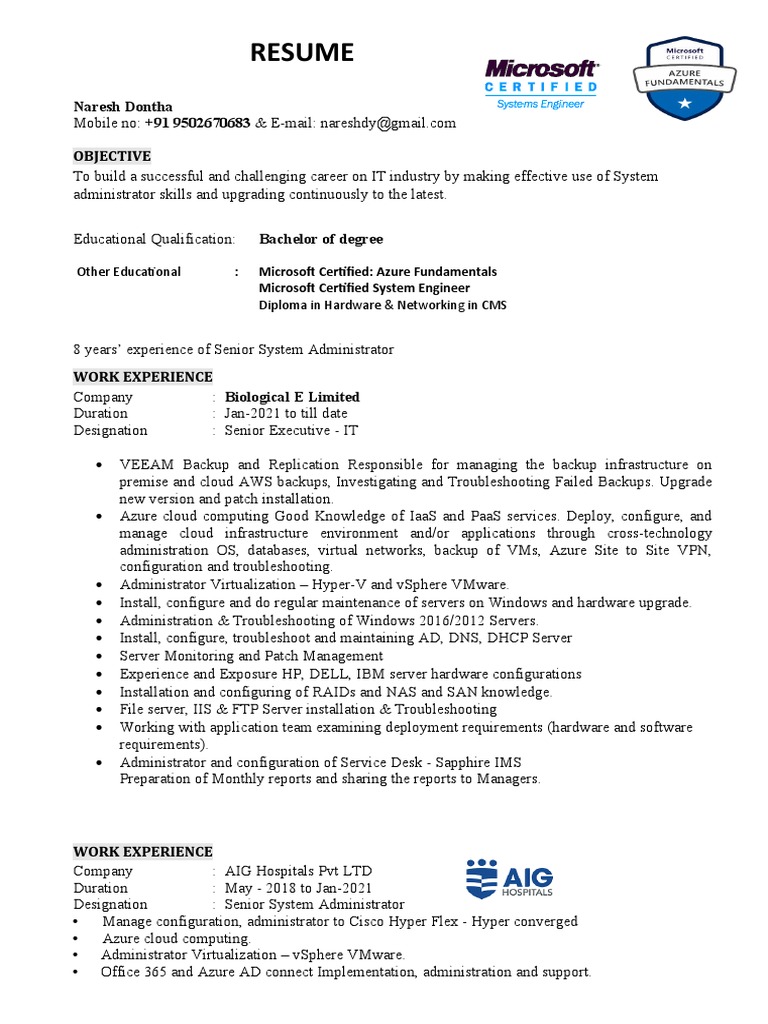 Senior System Administrator Resume | PDF | Cloud Computing | Server ...