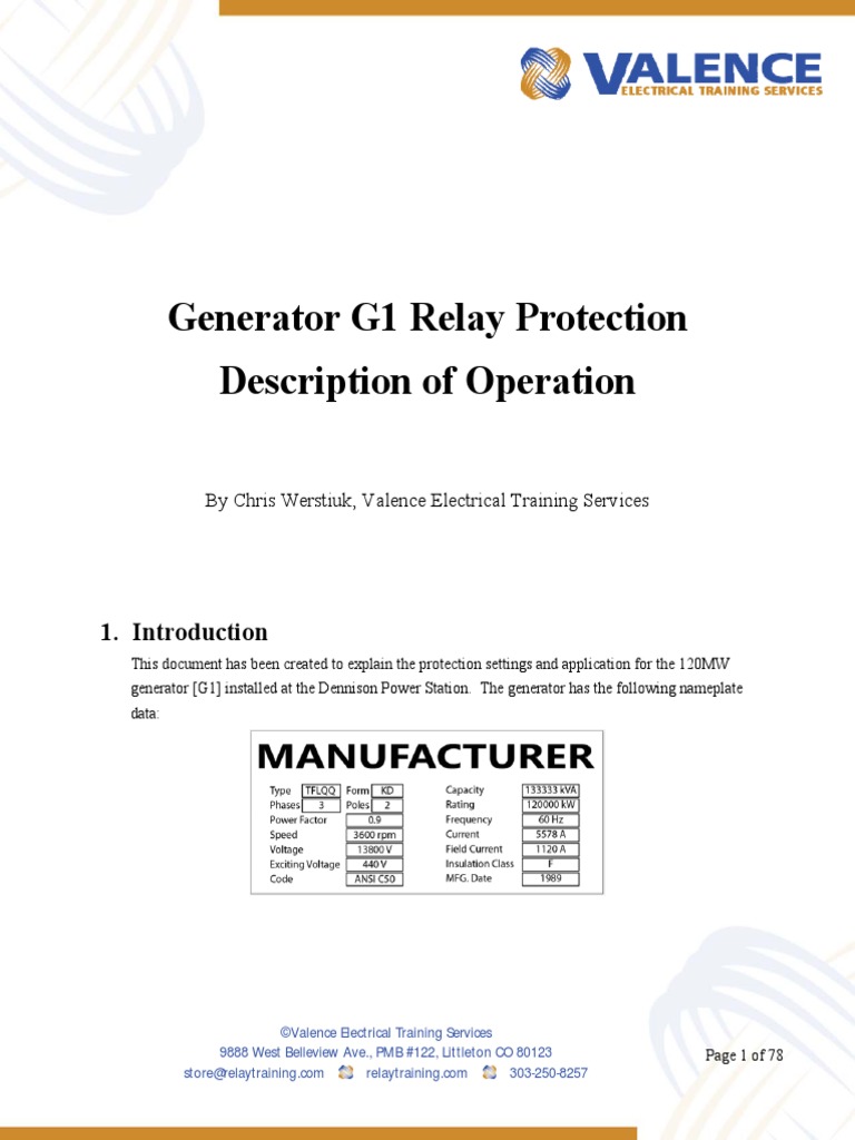 Generator Relay Protection Description of Operation PDF Relay