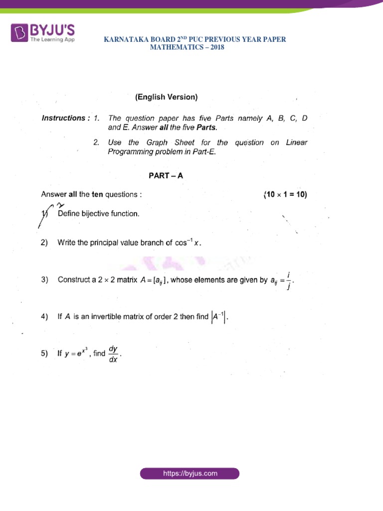 Karnataka Board 2nd PUC Maths Previous Year Paper 2018 | PDF