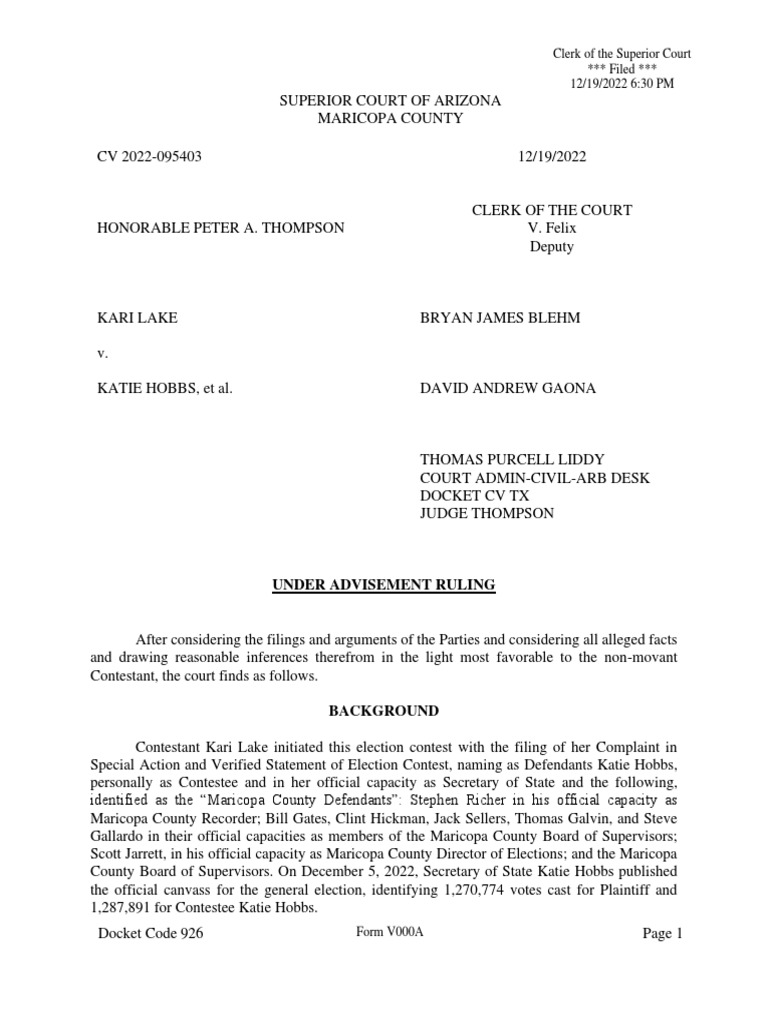 Thompson MTD Ruling Judge Peter Thompson Dismissed Defendants' Motions