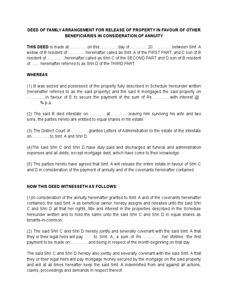 Deed of family arrangement for release of property in favour of other