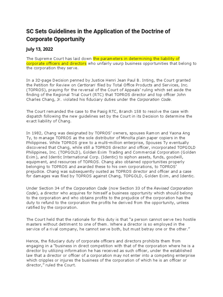 Doctrine of Corporate Opportunity PDF Corporations Fiduciary