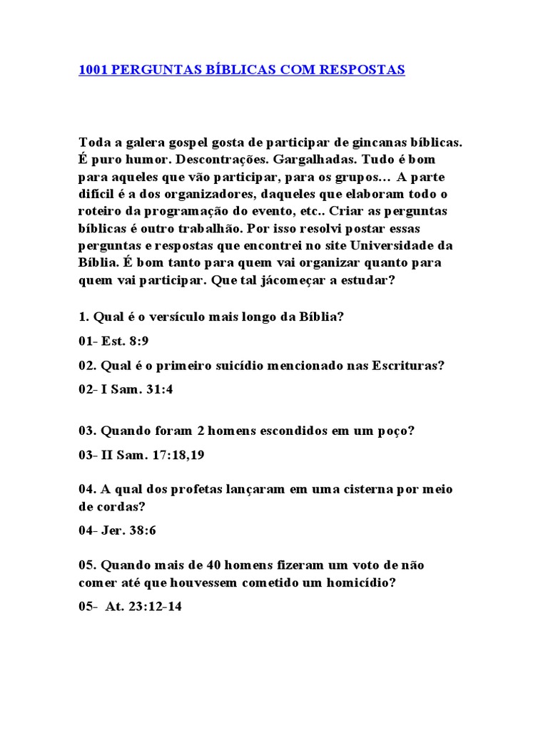 1001 Perguntas Bíblicas Com Respostas | PDF | Bíblia | Profeta