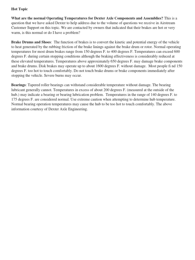 Axle, Dexter Axle Components, Operating Temperatures PDF
