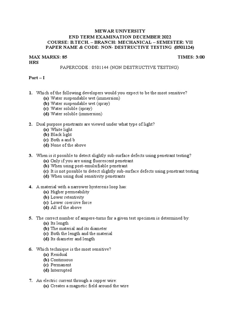 NDT Level 2 Exam Questions & Answers | PDF | Magnetic Field | Applied ...