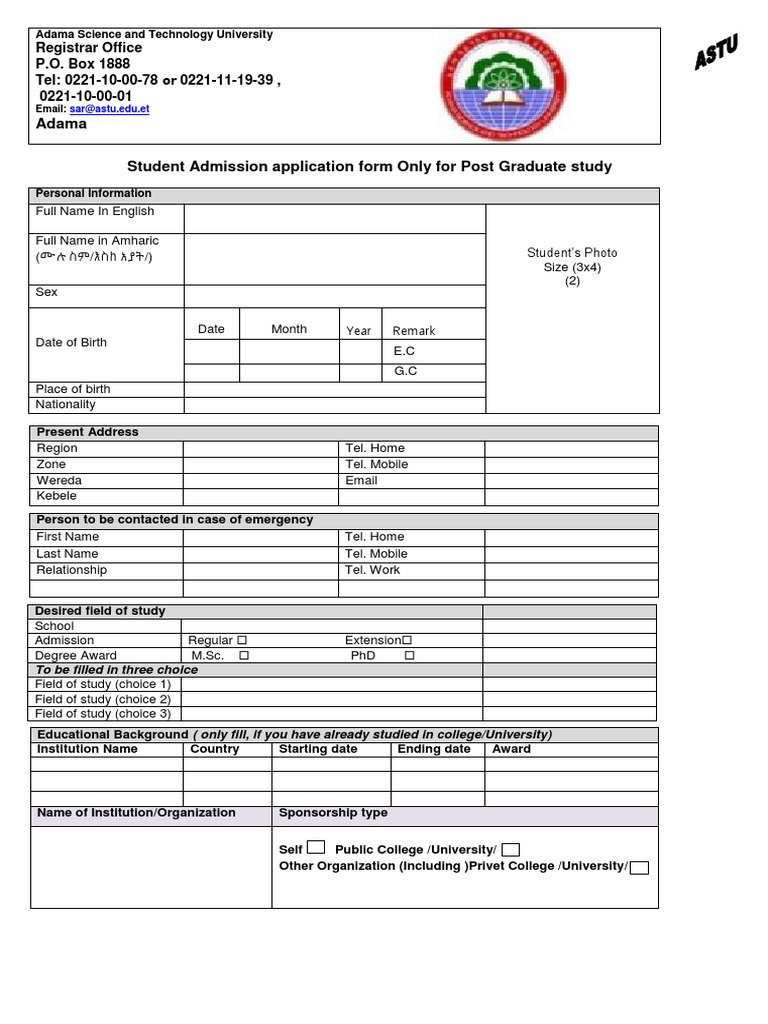 Adama University Postgraduate Application Form | PDF