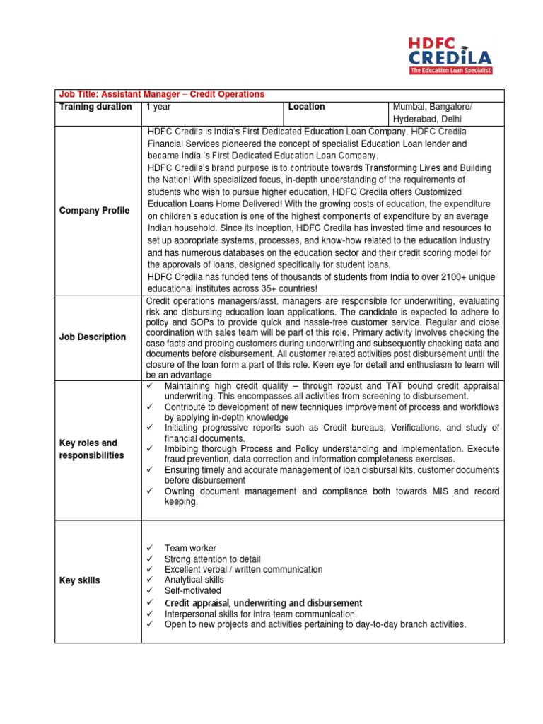 Assistant Manager – Credit Operations at HDFC Credila | PDF | Loans ...