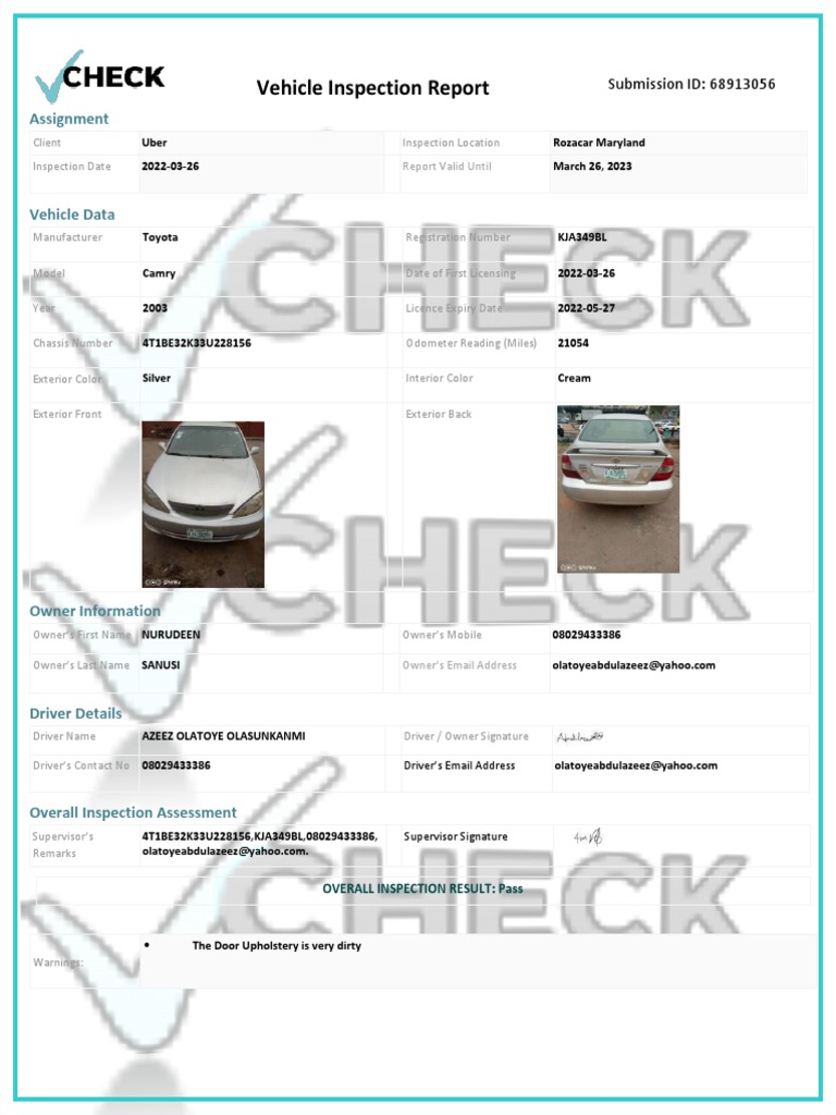 UBER Mandatory Inspection - 68913056 | PDF