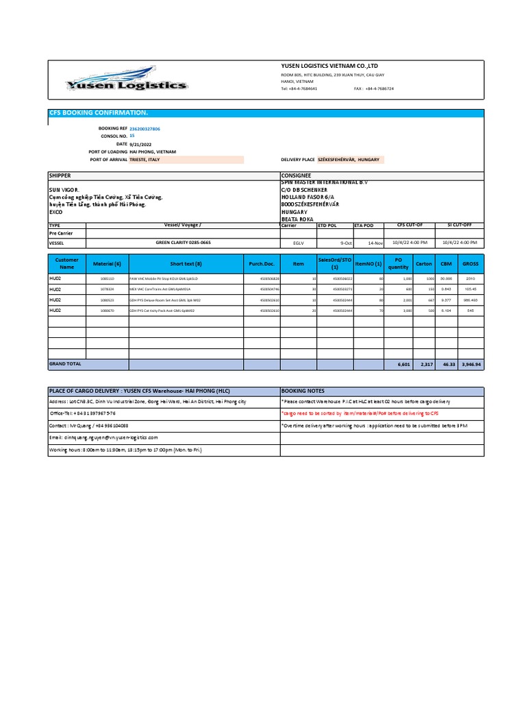 Cfs Booking Confirmation.: Yusen Logistics Vietnam Co.,Ltd | PDF ...