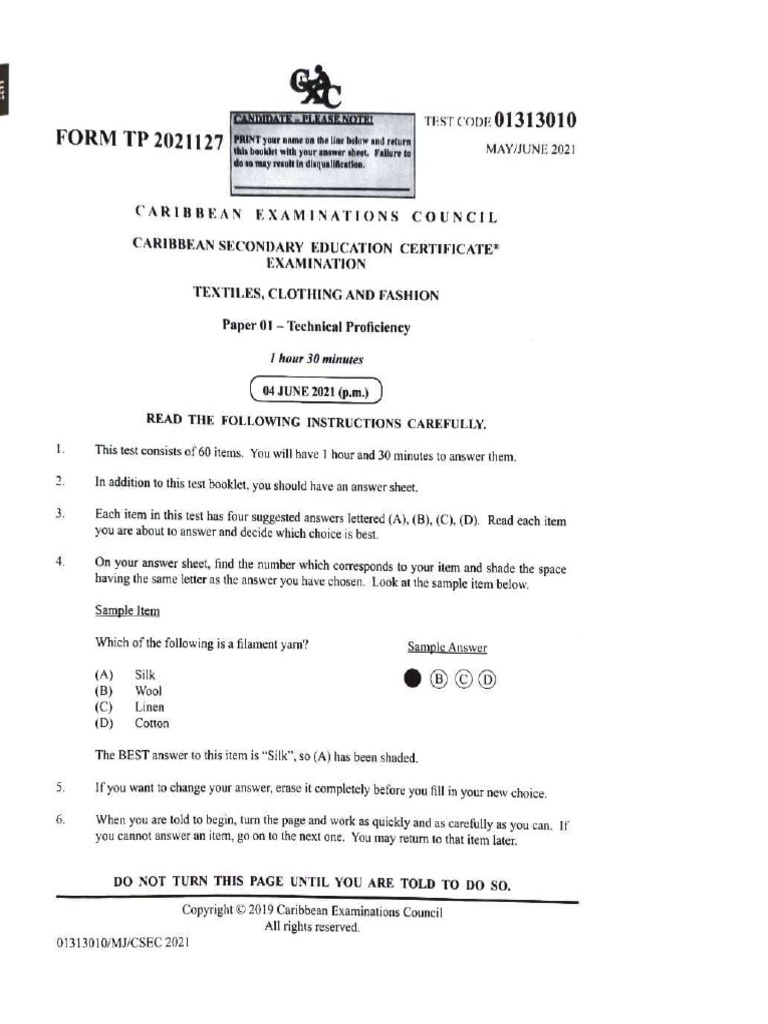 2021 Jun CSEC TCF P1 PDF Textiles Clothing