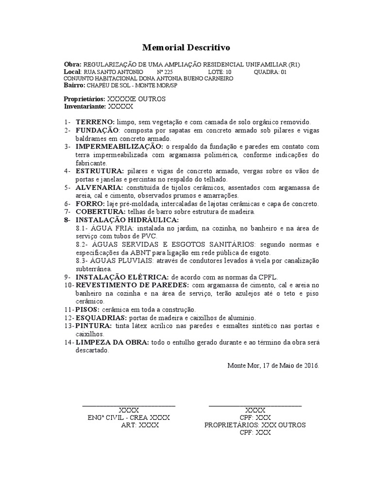 Memorial Descritivo - REGULARIZAÇÃO DE IMOVEL - MODELO INVENTÁRIO | PDF