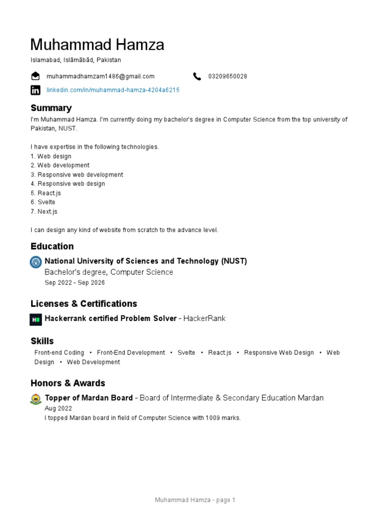 Muhammad Hamza - Computer Science Student | PDF