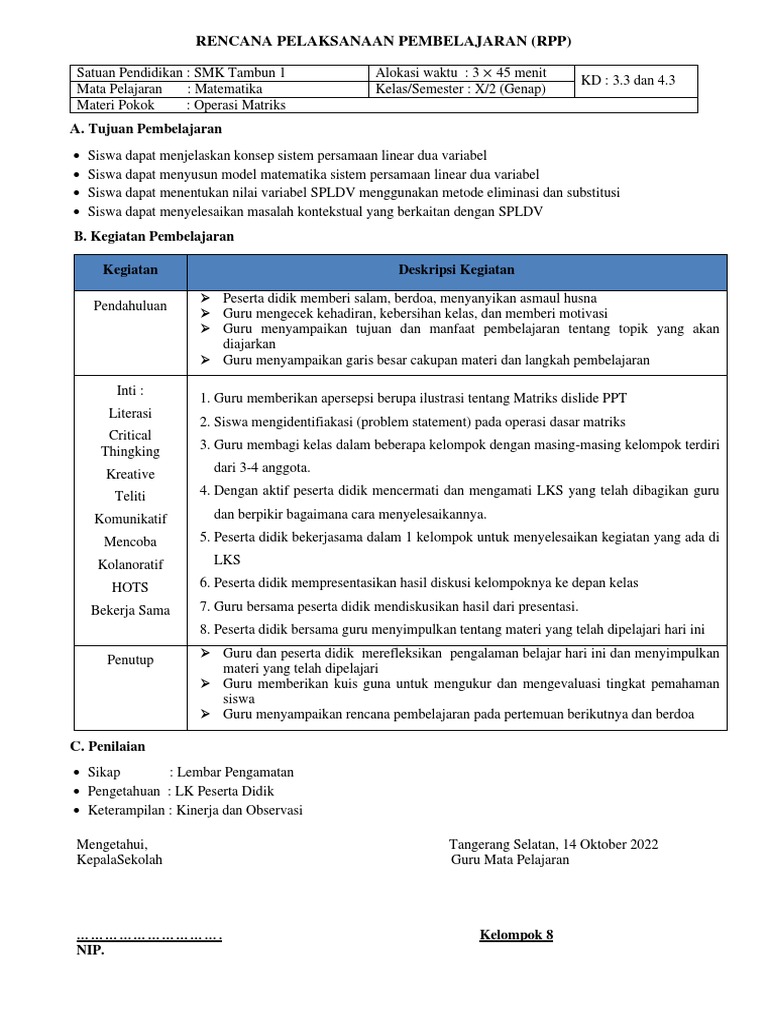 RPP Matematika Kelas X: Operasi Matriks | PDF