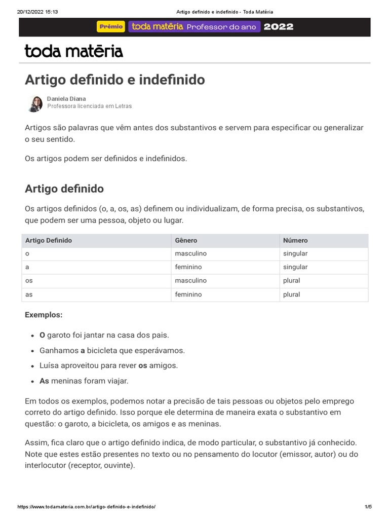 Artigo Definido e Indefinido - Toda Matéria | PDF | Gramática | Semântica