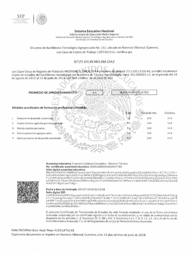 Certificado de Bachillerato Técnico CBTA | PDF