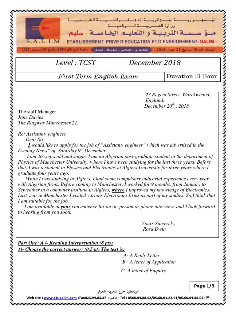 Dzexams 1as Anglais 490789 PDF Waiting Staff