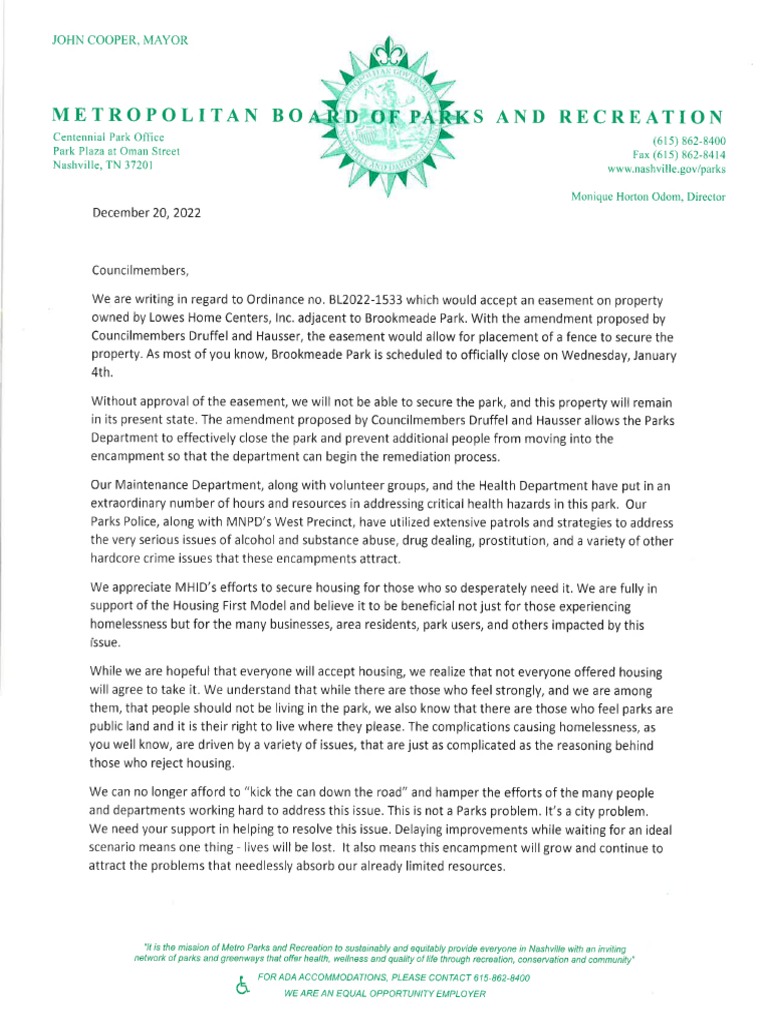 Letter To Metro Council From Metro Parks | PDF
