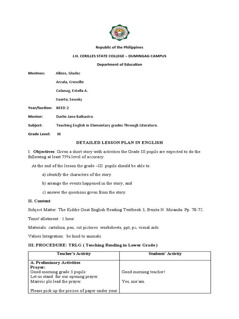 Grade 3 Literature Lesson Plan | PDF | Teachers | Lesson Plan