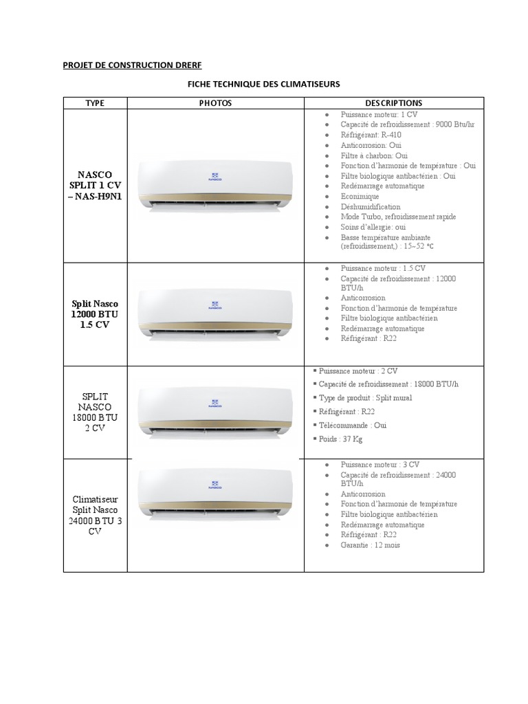 Fiche Technique Climatiseurs Nasco 12000 BTU PDF Temp rature 