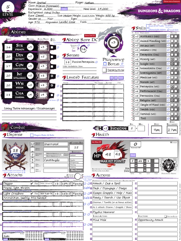 D&amp;D5e (Ficha Editável +) | PDF | Dungeons &amp; Dragons