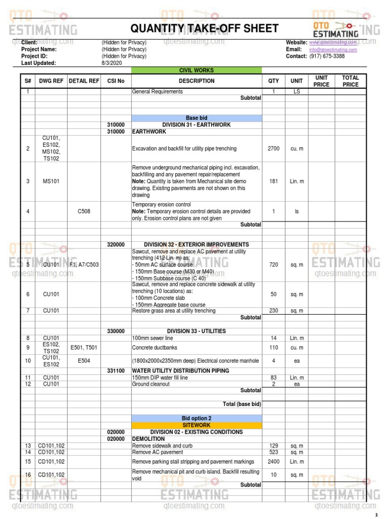 Civil Works Quantity Take-Off Sheet | PDF | Road Surface | Concrete