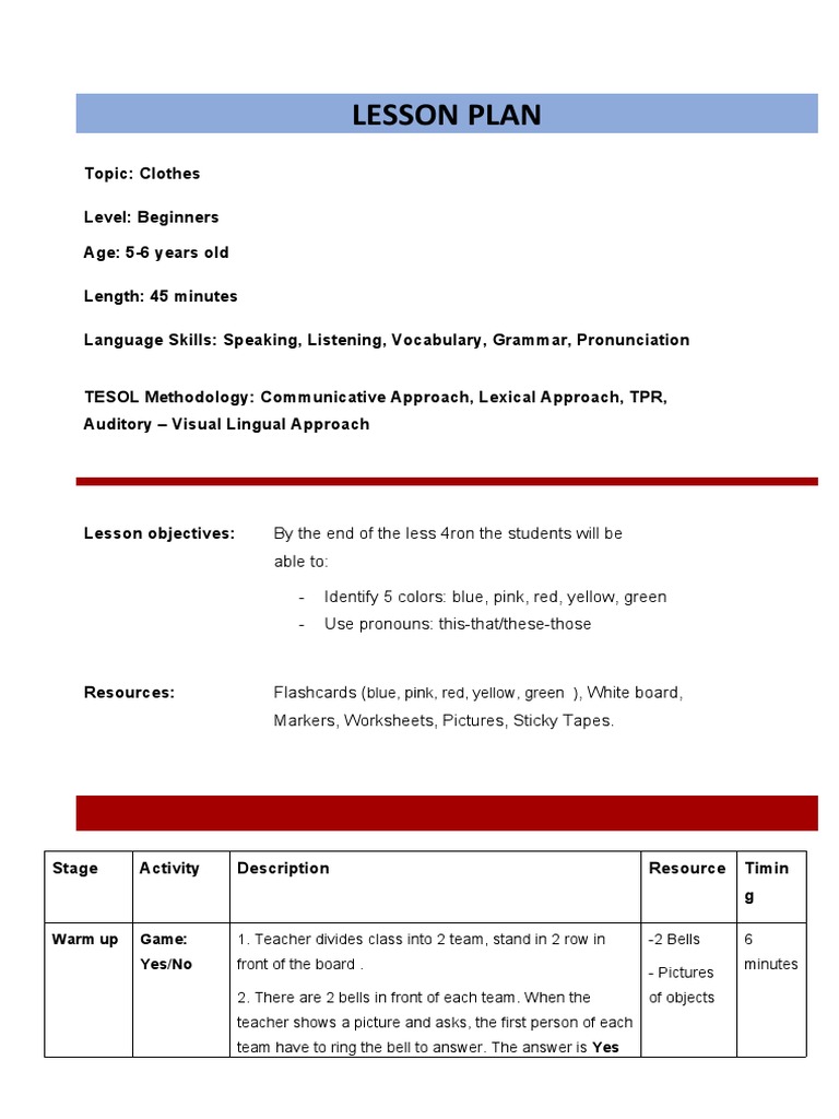 Beginner Lesson Plan: Clothes & Colors | PDF | Teachers | Flashcard