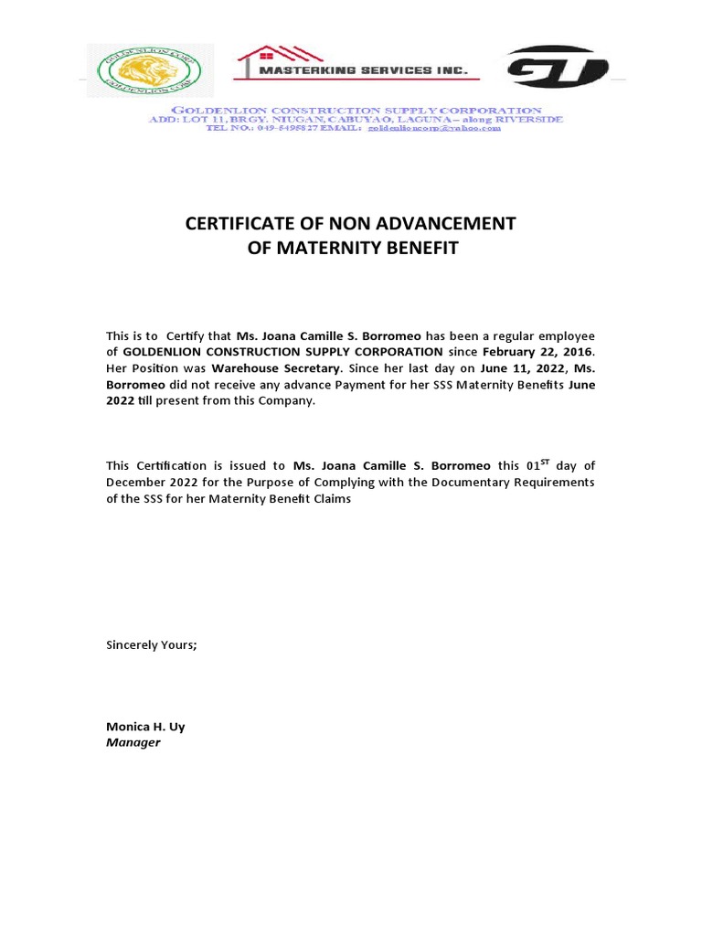 CERTIFICATE OF NON ADVANCEMENT MATERNITY PDF