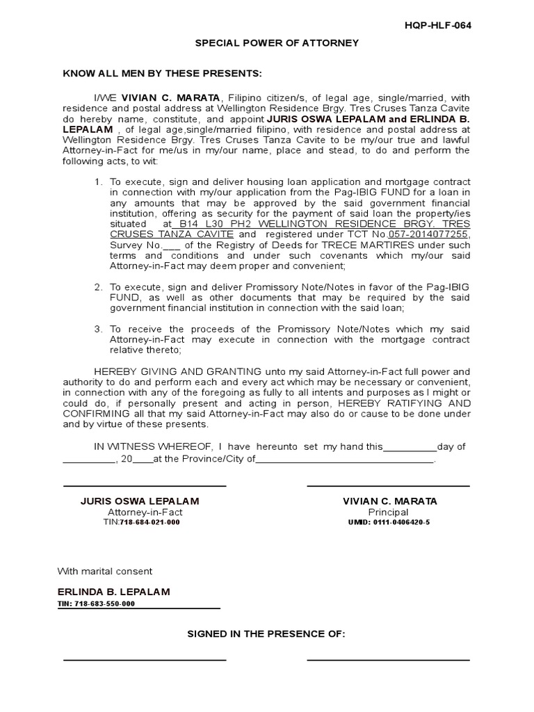 Pag-IBIG Housing Loan SPA Document | PDF | Power Of Attorney | Loans