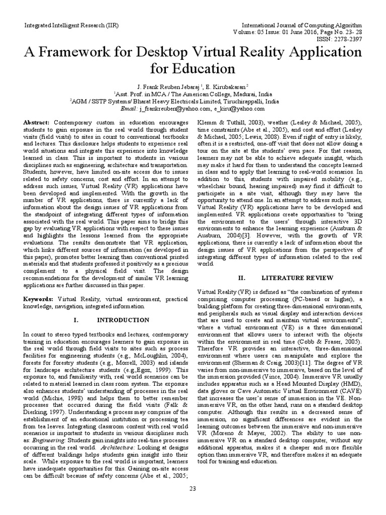 A Framework For Desktop Virtual Reality Application For Education PDF