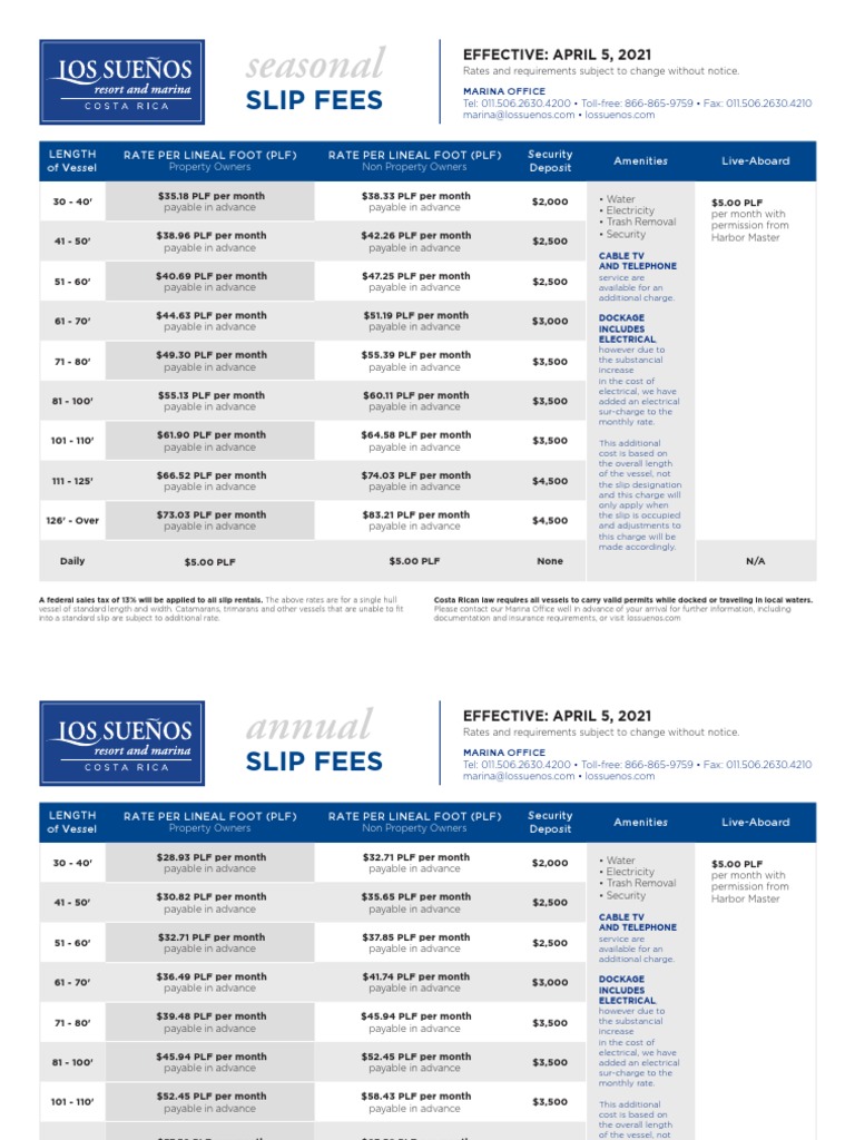 Seasonal Slip Fee Rates and Requirements for Los Suenos Marina PDF