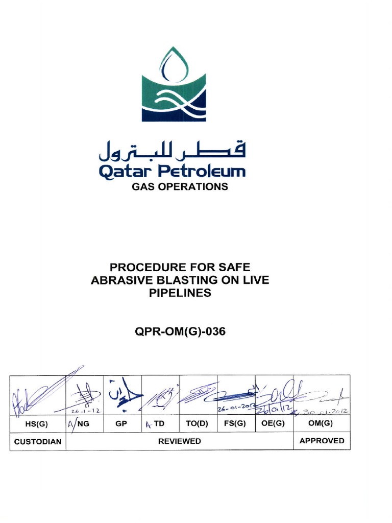 Procedure For Safe Abrasive Blasting On Live Pipelines QPROM (G