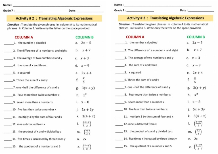 Translating Verbal Phrases To Mathematical Expression Activity Sheet | PDF