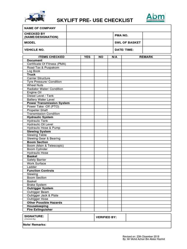Skylift Pre-Use Inspection Checklist | PDF | Technology & Engineering