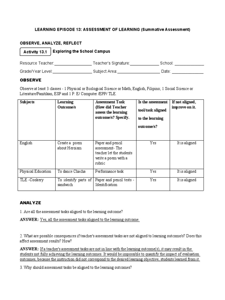 FS1 Episode 13: Learning Assessment Guide | PDF | Rubric (Academic ...