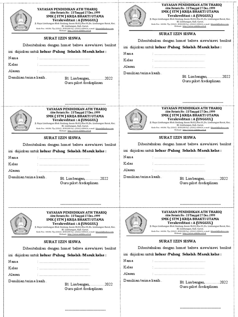 Surat Izin Masuk Meninggalkan Kelas | PDF