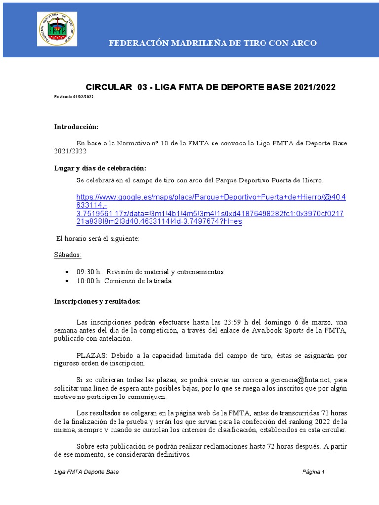 CIRCULAR 03 Liga FMTA Aire Libre Deporte Base | PDF | Tiro al arco ...