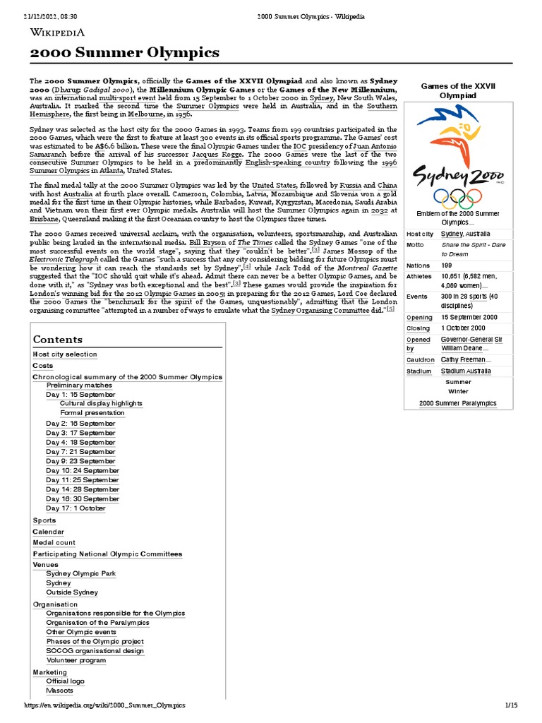 2000 Summer Olympics Wikipedia PDF Olympic Games Olympic Sports