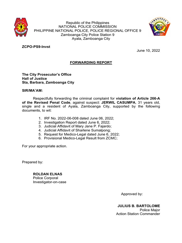 Forwarding Report on Jerwil Casumpa Case | PDF