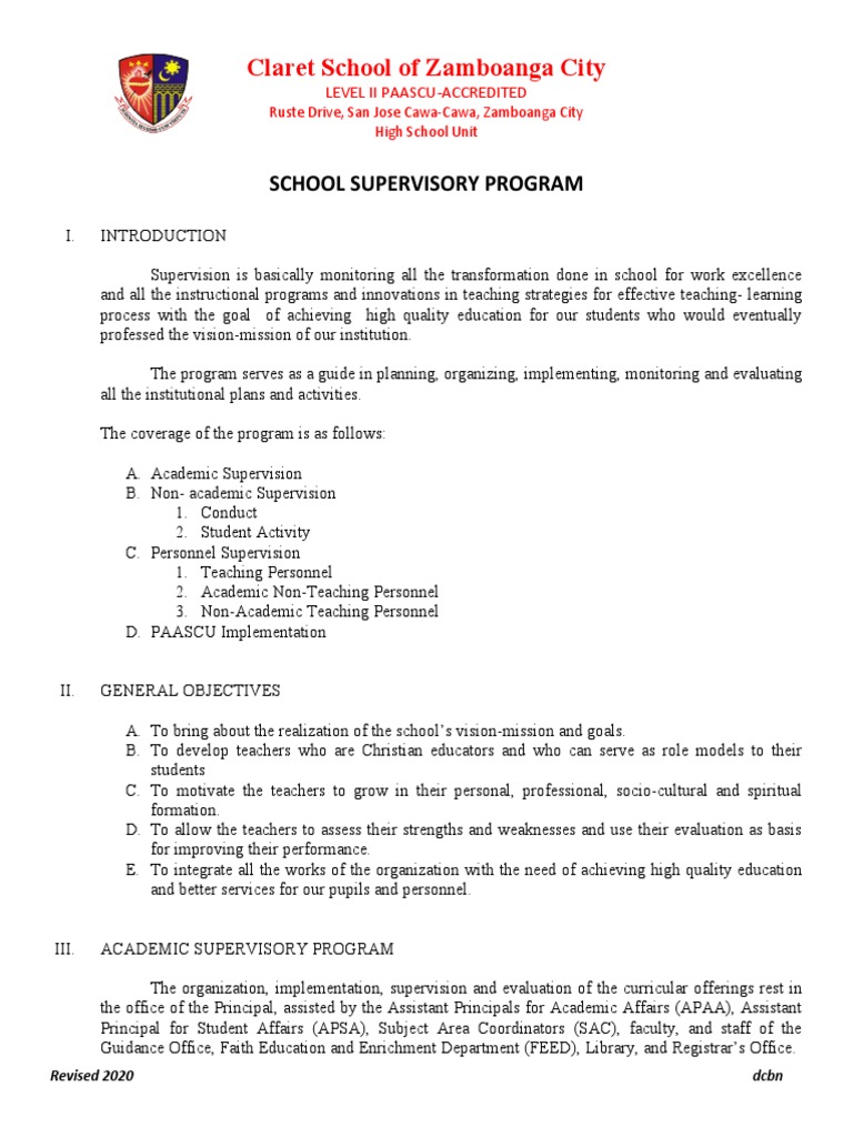 Claret School Supervisory Program Overview | PDF | Teachers | Curriculum